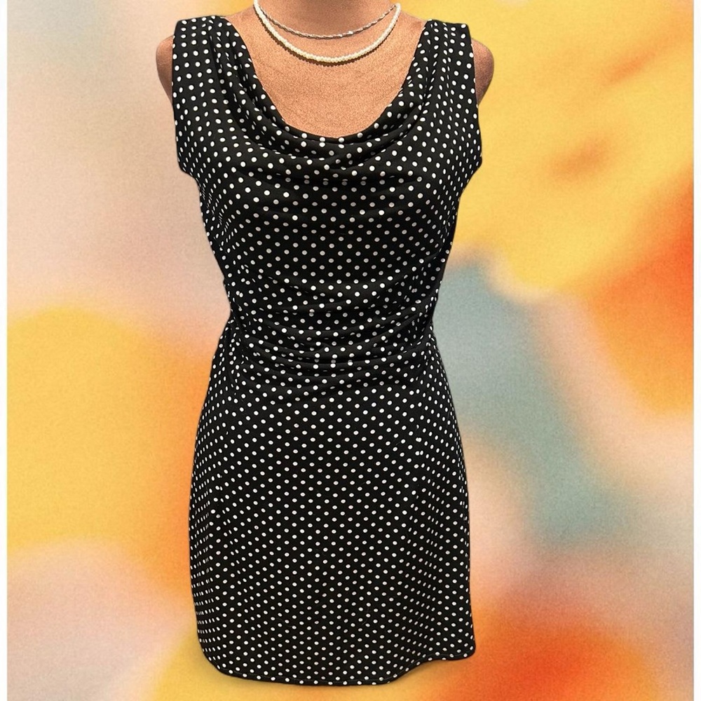 Vintage Handmade Black and White Polka Dot Mini Dress with Cowl Neck